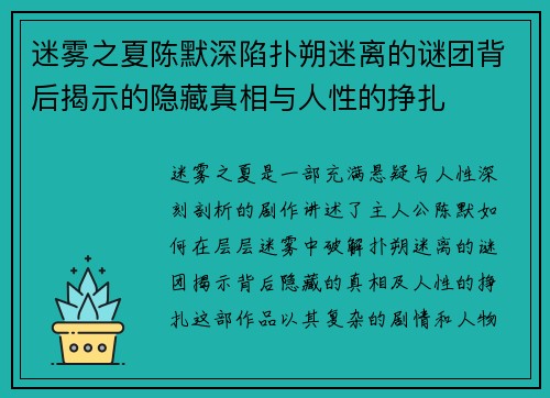 迷雾之夏陈默深陷扑朔迷离的谜团背后揭示的隐藏真相与人性的挣扎